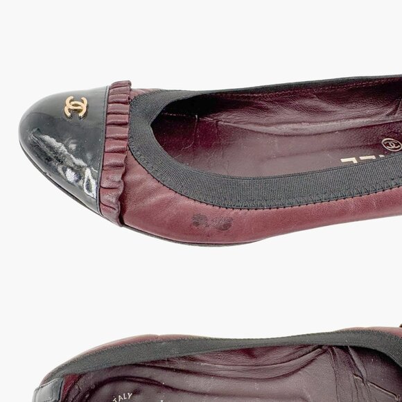 Chanel CC Ruffle Cap Toe Ballet Flats EU 37 US 6-6.5 Brown Burgundy Leather - Picture 9 of 15